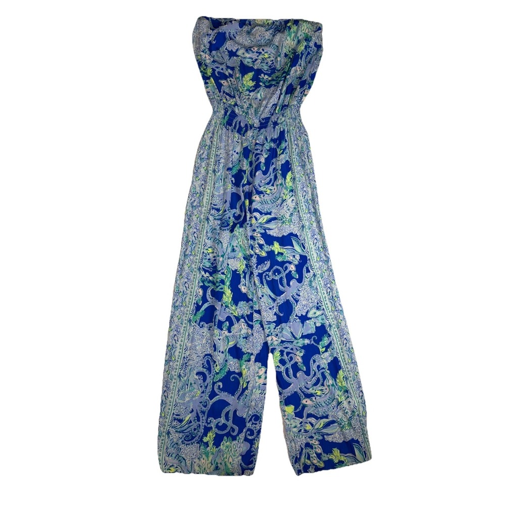 Lilly Pulitzer Pim‎ Jumpsuit Strapless Wide Leg Sea Sirens Print Blue Sz M Beach - Picture 2 of 7